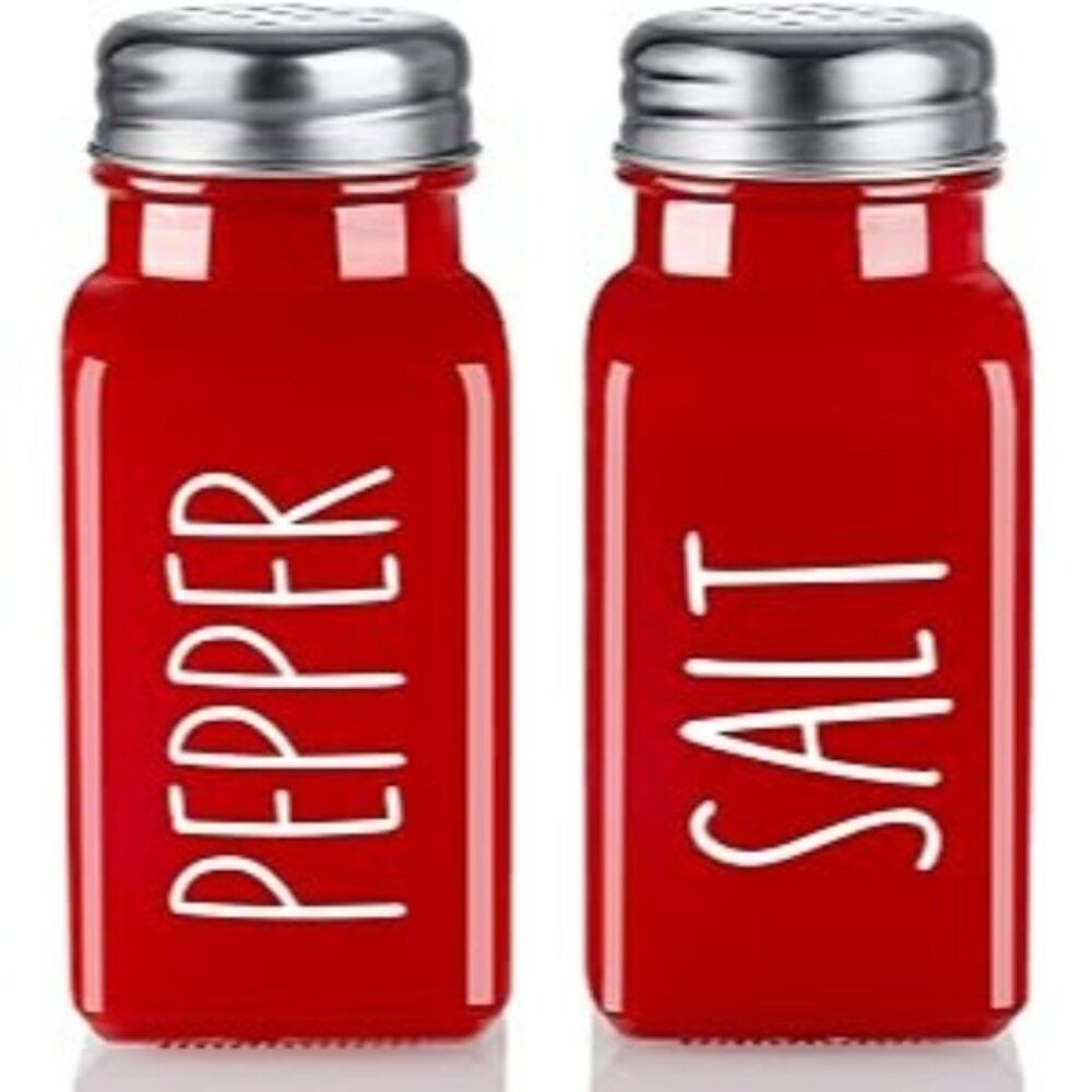 Red Salt Pepper Shakers Farmhouse Kitchen Decor Glass Metal Christmas Holiday